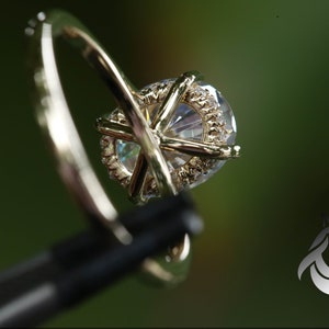 Pu&ograve; includere: Un anello di fidanzamento in oro con un grande diamante centrale di forma ovale circondato da un alone di diamanti pi&ugrave; piccoli. L'anello &egrave; incastonato su una fascia sottile con una montatura pav&eacute;.