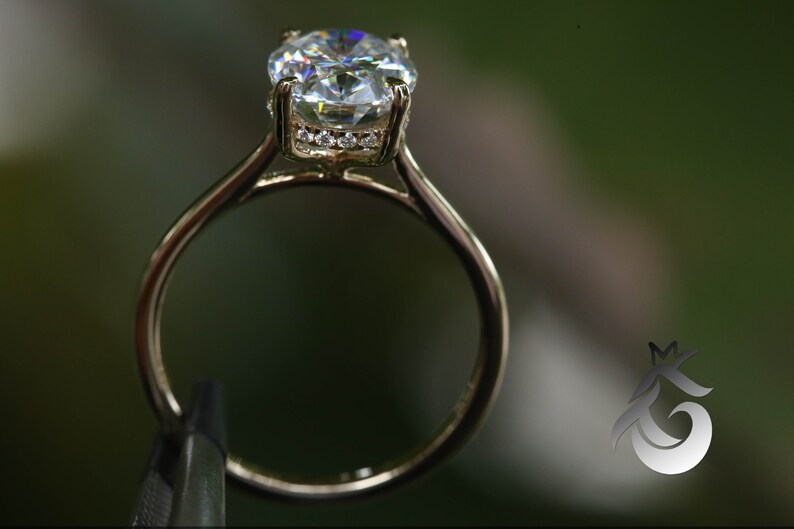 Pu&ograve; includere: Un anello di fidanzamento in oro con un grande diamante rotondo e chiaro incastonato a griffe. Il diamante &egrave; circondato da un alone di diamanti pi&ugrave; piccoli.