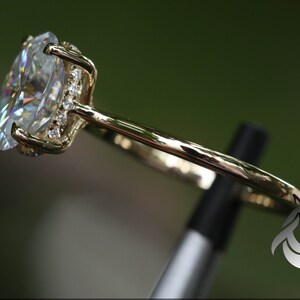 Pu&ograve; includere: Un anello di fidanzamento in oro con un grande diamante centrale di forma ovale e diamanti pi&ugrave; piccoli incastonati in un alone attorno al diamante centrale.