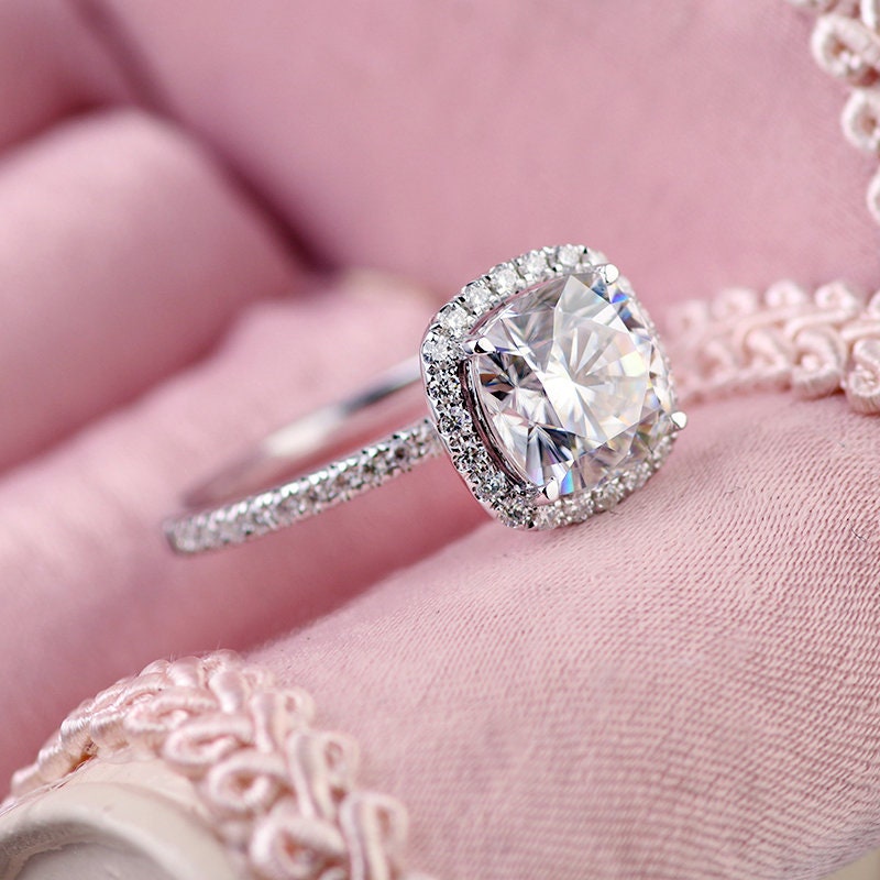 1.25CT Cushion Halo Engagement Ring Set 14k/18k White Etsy