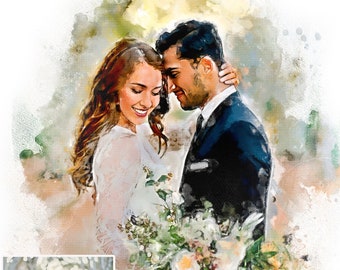 Custom Water Color Couple Portrait, Portrait Painting from Photo, Personalized Anniversary Gift for Husband/ Wife, Digital Printed On Canvas