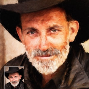 Op de afbeelding: Een schilderij van een man met een witte baard die een zwarte cowboyhoed en een zwart jack draagt.