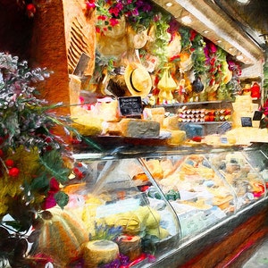 Pu&ograve; includere: Un banco espositore pieno di diversi tipi di formaggio, tra cui alcuni avvolti in carta marrone. Il banco &egrave; illuminato dall'alto e ci sono fiori e cappelli di paglia appesi sopra.