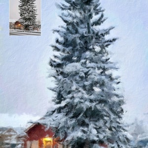 Pu&ograve; includere: Una scena invernale innevata con un grande albero sempreverde ricoperto di neve di fronte a una casa rossa con una finestra illuminata. La casa ha una staccionata bianca e il terreno &egrave; ricoperto di neve. Il testo "Honeymoon 2023" &egrave; scritto nell'angolo in basso a sinistra dell'immagine.