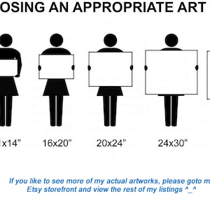 Pu&ograve; includere: Un grafico che mostra sei diverse dimensioni di opere d'arte tenute da una persona, che vanno da 8x10 pollici a 30x40 pollici. Il grafico &egrave; una guida utile per scegliere la dimensione giusta dell'opera d'arte per il tuo spazio.