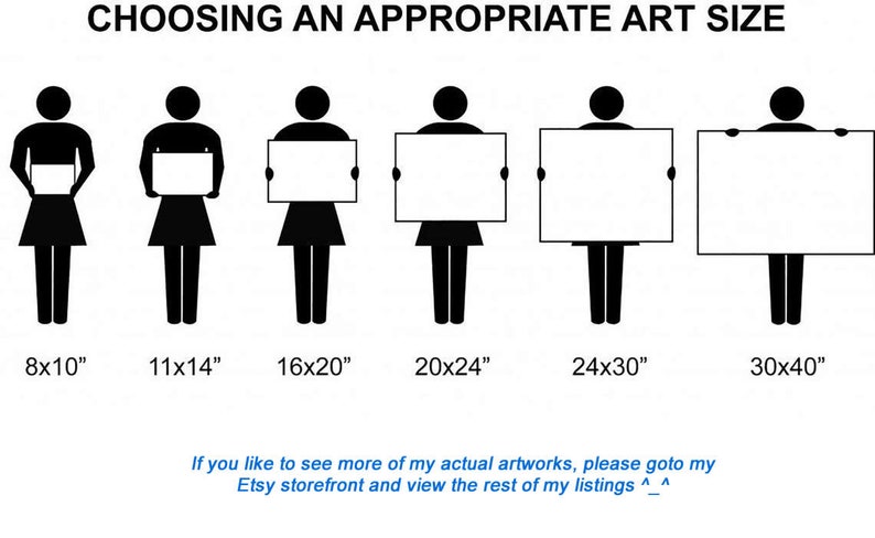 Pu&ograve; includere: Un grafico che mostra sei diverse dimensioni di opere d'arte tenute da una persona, che vanno da 8x10 pollici a 30x40 pollici. Il grafico &egrave; una guida utile per scegliere la dimensione giusta dell'opera d'arte per il tuo spazio.