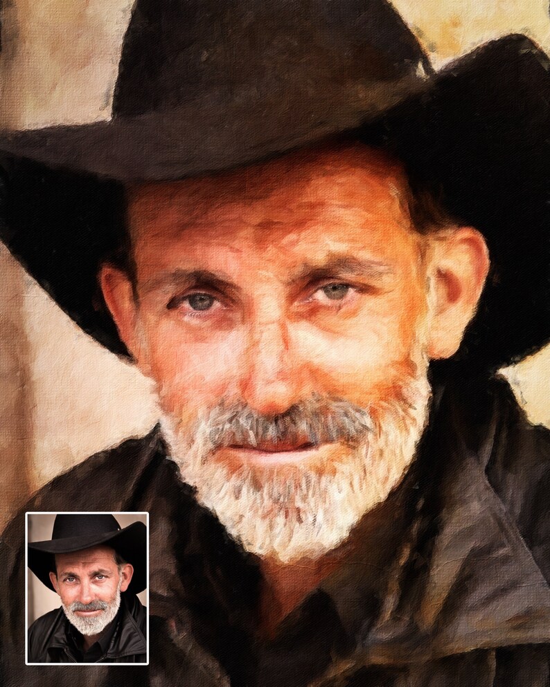 Op de afbeelding: Een schilderij van een man met een witte baard die een zwarte cowboyhoed en een zwart jack draagt.