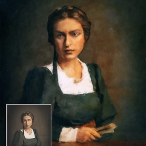 Op de afbeelding: Een schilderij van een vrouw in een groene jurk met een witte kraag en een parelketting. Ze houdt een boek in haar handen en kijkt rechtstreeks naar de kijker.