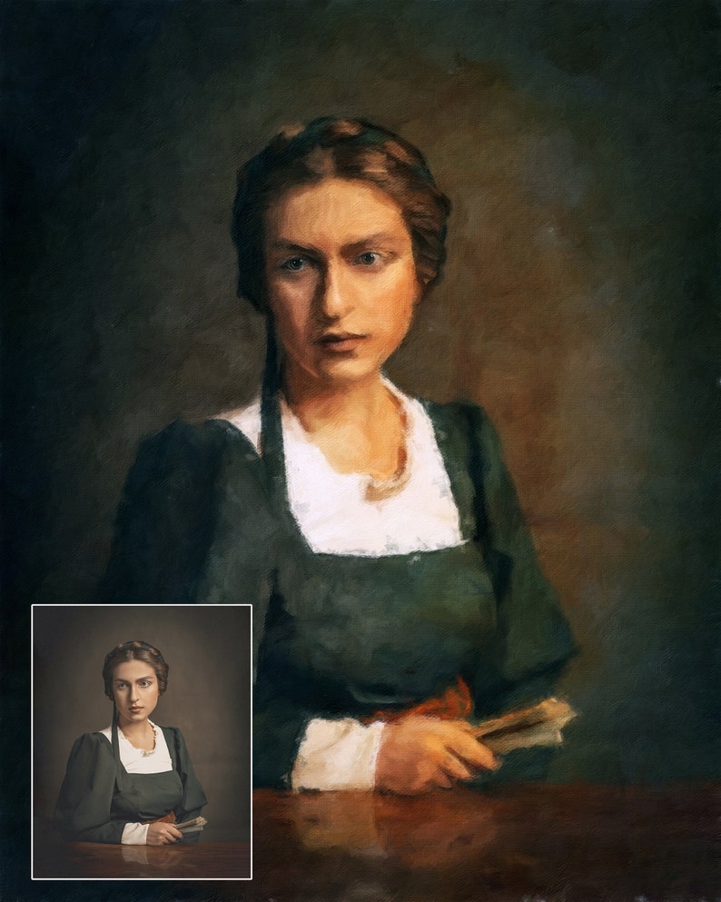 Op de afbeelding: Een schilderij van een vrouw in een groene jurk met een witte kraag en een parelketting. Ze houdt een boek in haar handen en kijkt rechtstreeks naar de kijker.