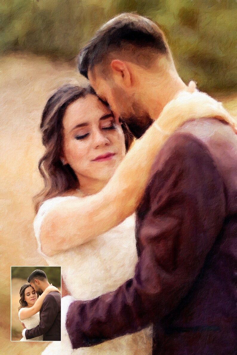 Op de afbeelding: Een schilderij van een koppel dat elkaar omhelst, de vrouw in een witte jurk en de man in een bordeauxrood pak. Het schilderij is gemaakt in een schilderachtige stijl met zichtbare penseelstreken.