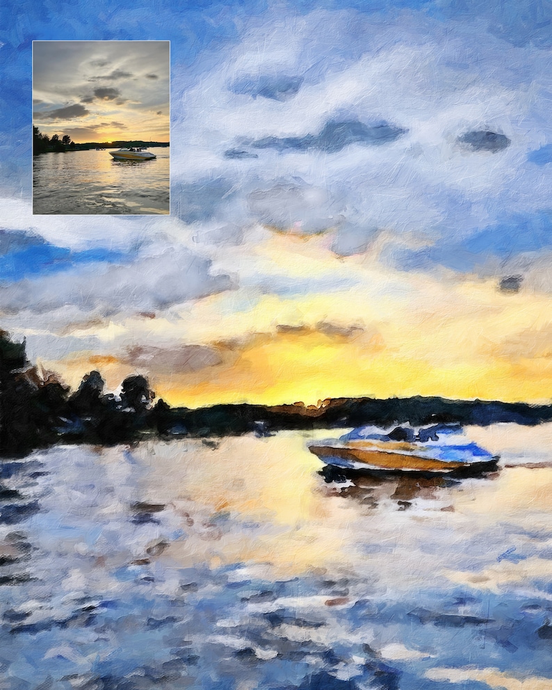 Pu&ograve; includere: Un dipinto che rappresenta una barca su un lago al tramonto. Il cielo &egrave; un mix di blu, giallo e arancione, con nuvole bianche e soffici. L'acqua &egrave; di un blu profondo, che riflette i colori del cielo. La barca &egrave; blu scuro e bianca, con una striscia gialla.