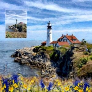 Pu&ograve; includere: Un faro bianco con una cima nera si erge su una scogliera rocciosa che domina un oceano blu. Il faro &egrave; circondato da erba verde e un edificio con tetto rosso. Il cielo &egrave; blu con nuvole bianche.