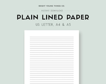 May include: A printable sheet of plain lined paper in US Letter, A4, and A5 sizes. The paper is white with black lines.