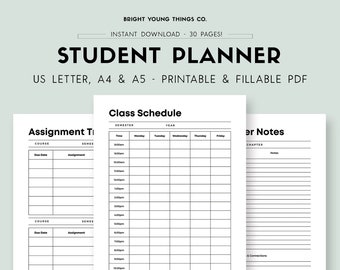 May include: A student planner with printable and fillable PDF pages. The design includes a class schedule, assignment tracker, and note pages. The planner is available in US Letter, A4, and A5 sizes. The text on the planner reads "Student Planner".