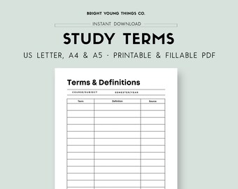 Terms and Definitions Template Printable, Printable Study Aid, Printable Study Resources, College Student Study Resource, A4 A5 US Letter