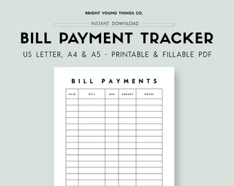 Printable Bill Tracker PDF, Bill Payment Log, Bill Planner, Bill Payment Checklist, Bill Payment Tracker, Financial Tracker, Payment Tracker