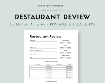 Restaurant Review Printable Worksheet, Printable Review Worksheet, Restaurant Review, Food Review, Dining Review, Printable Planner Inserts
