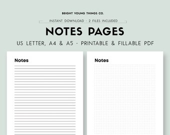 Note Pages for Students, Printable Note Sheets, Printable Lined Notes Page, Printable Dot Grid Notes Page, Printable Notepaper
