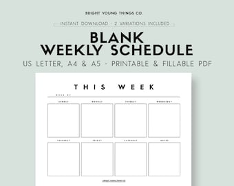 Blank Weekly Schedule, Blank Weekly Calendar, Minimalist Calendar Template, Monday/Sunday Start Calendar, Fillable PDF Calendar