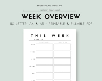 Planejador semanal para impressão, planejador semanal para impressão, planejador minimalista sem data, planejador minimalista para impressão, visão geral da semana, agenda semanal