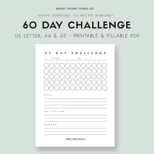 60 Day Challenge Printable PDF, 60 Day Challenge Fillable PDF Worksheet, Personal Development Worksheet, Personal Development Download