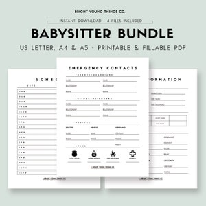 May include: Printable babysitter bundle with emergency contact and schedule forms. The forms are designed for US Letter, A4, and A5 paper sizes. The forms include sections for parents/guardians, friends/neighbours, medical information, insurance, and other emergency contacts.