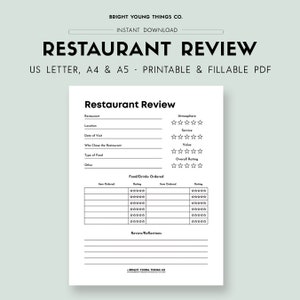 レストランレビューの印刷可能なワークシート、印刷可能なレビューワークシート、レストランレビュー、食品レビュー、食事レビュー、印刷可能なプランナー挿入物