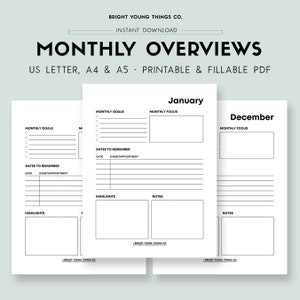 Resumen mensual, Planificador mensual imprimible, Mes de un vistazo, Calendario mensual imprimible, Páginas del planificador imprimibles, Inserciones del planificador A4 A5 Let