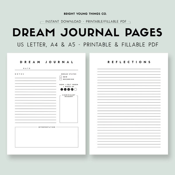 Dream Journal Téléchargement numérique, Pages imprimables Dream Journal, Feuille de travail Dream Journal, Feuille de travail d’autoréflexion PDF, PDF de rêve