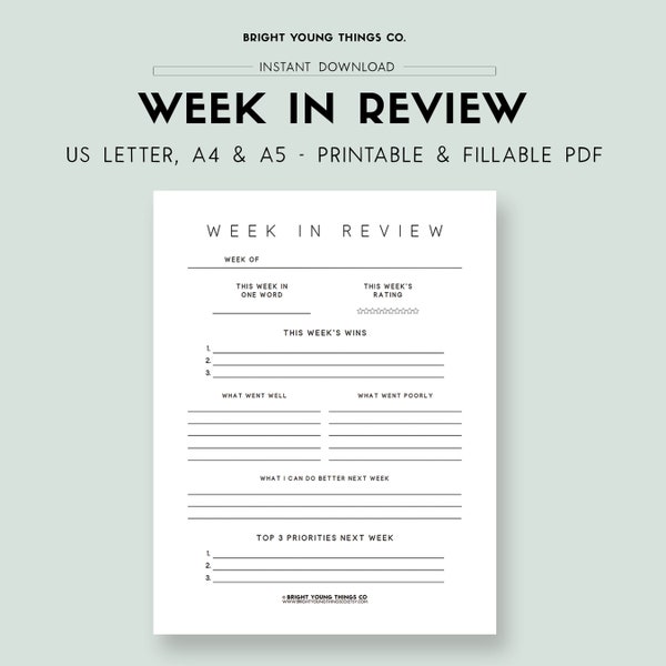 Week in Review, Weekly Reflection Journal Printable, Self Reflection Journal, Self Reflection Worksheets, Reflective Journal, Weekly Review