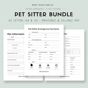 Pet Sitter Notes Printable PDF, Printable Pet Sitter Instructions, Printable Emergency Contact Info, Pet Sitter Notes, Pet Sitter Template