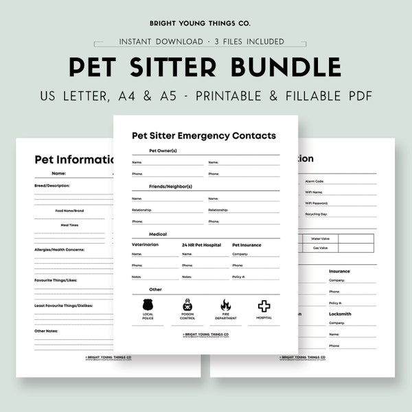 Pet Sitter Notes Printable PDF, Printable Pet Sitter Instructions, Printable Emergency Contact Info, Pet Sitter Notes, Pet Sitter Template