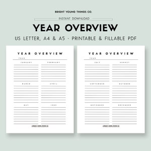Yearly Overview, Year at a Glance, Two Page Yearly Planner, 12 Month Planner, Printable Yearly Planner, Undated Minimalist Planner
