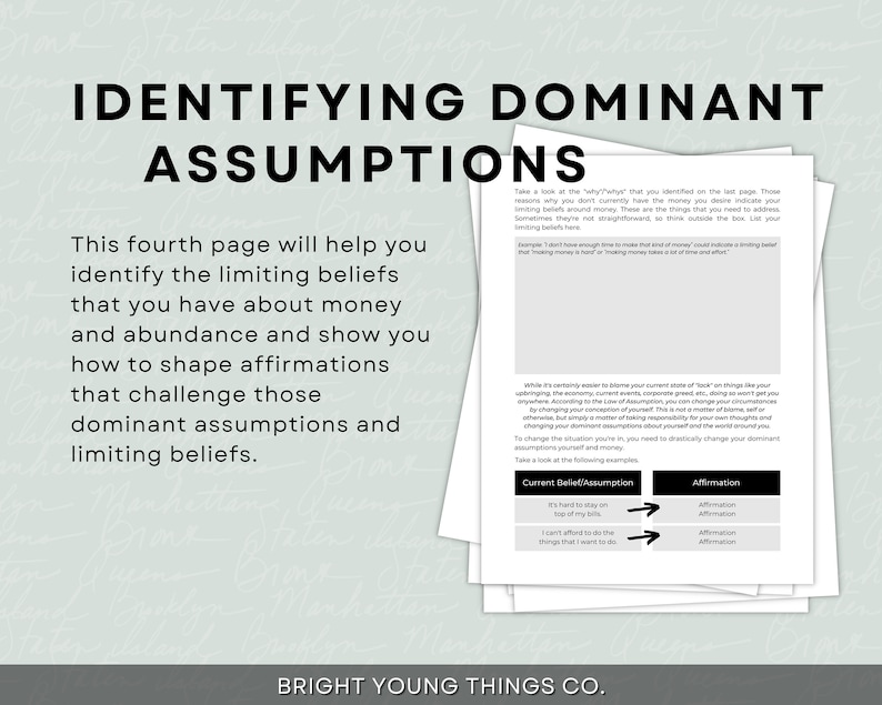 May include: A worksheet with the title "Identifying Dominant Assumptions" and text about identifying limiting beliefs about money and abundance. The worksheet includes a table with the headings "Current Belief/Assumption" and "Affirmation".