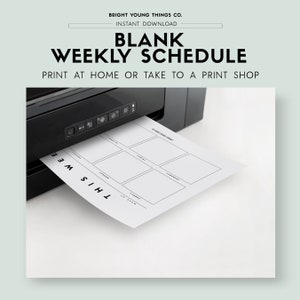 K&ouml;nnte beinhalten: Eine schwarz-wei&szlig;e druckbare Wochenplanvorlage, die aus einem schwarzen Drucker gedruckt wird. Die Vorlage hat sieben K&auml;stchen f&uuml;r jeden Tag der Woche. Der Text "This Week" ist vertikal auf der linken Seite der Vorlage gedruckt.