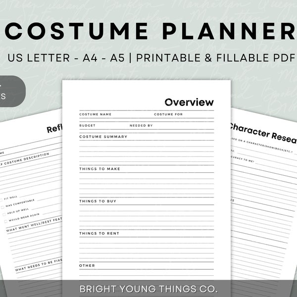 Printable Costume Planner, Halloween Costume Planner, Ren Faire Costume Planner, Halloween Printable Planner, Costume Design Printable Plan