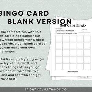 Pu&ograve; includere: Una scheda di bingo per l'auto-cura stampabile con una griglia vuota e una sezione per scegliere un obiettivo. Il testo "Self Care Bingo" &egrave; in cima alla scheda. Il testo "Pick a Goal" &egrave; in un riquadro in alto a sinistra della scheda. Il testo "Week of" &egrave; in un riquadro in alto a destra della scheda. Il testo "BRIGHT YOUNG THINGS CO." &egrave; in fondo alla scheda.