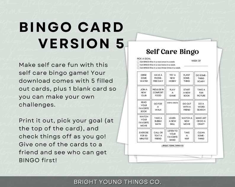 Pu&ograve; includere: Una scheda di bingo per l'auto-cura stampabile con un design in bianco e nero. La scheda ha una griglia di 25 caselle con diverse attivit&agrave; di auto-cura elencate in ogni casella. La scheda &egrave; intitolata "Self Care Bingo" e ha una sezione in alto per scegliere un obiettivo e una sezione in basso per la settimana della sfida di bingo.