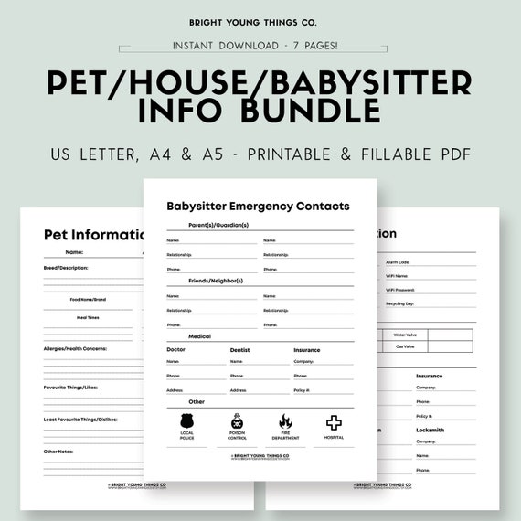 Babysitter Information Printable, House Sitter Instructions, Printable Pet Sitter Instructions, Printable Emergency Contact Info, A4 A5 PDF