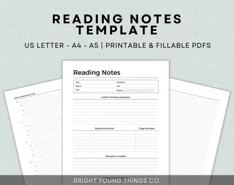 Reading Notes Worksheet, Book Notes Printable, Reading Log Printable, Printable Reading Notes Worksheet, Book Summary Worksheet, Student PDF