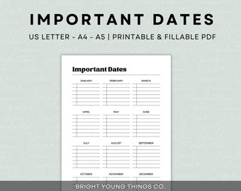 Yearly Important Dates Printable Template, Birthday Calendar, Anniversary Calendar, Appointment Calendar, Printable Dates Calendar