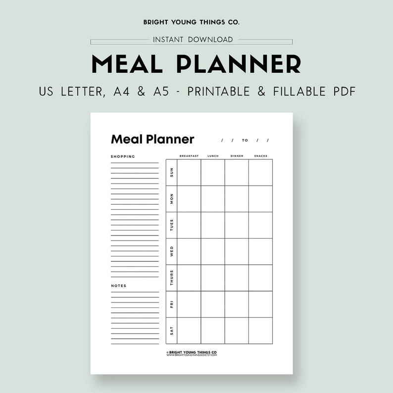 May include: A black and white printable meal planner with sections for shopping, notes, breakfast, lunch, dinner, and snacks. The planner is designed for a week, with columns for each day of the week, Sunday through Saturday. The planner is labeled "Meal Planner" and includes the text "US Letter, A4 & A5 - Printable & Fillable PDF".