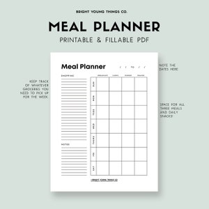 May include: A black and white printable meal planner with a grid for each day of the week, labeled with the days of the week and meal times: breakfast, lunch, dinner, and snacks. The planner also includes a section for shopping and notes.