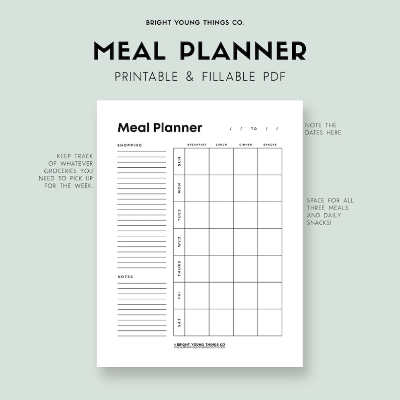 May include: A black and white printable meal planner with a grid for each day of the week, labeled with the days of the week and meal times: breakfast, lunch, dinner, and snacks. The planner also includes a section for shopping and notes.