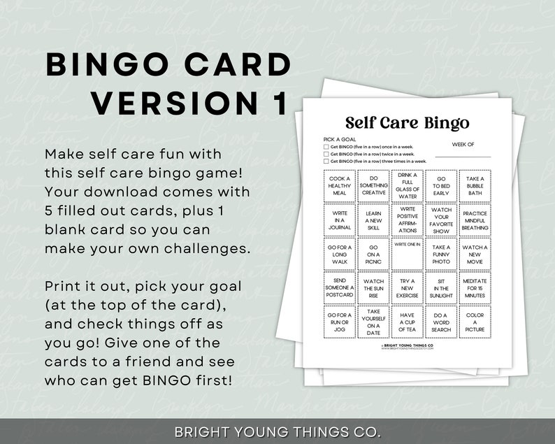 Pu&ograve; includere: Una scheda di bingo per l'auto-cura stampabile con un design in bianco e nero. La scheda ha un titolo che dice "Self Care Bingo" e include un elenco di attivit&agrave; da svolgere, come "Cucinare un pasto sano", "Fare qualcosa di creativo", "Bere un bicchiere pieno d'acqua", "Andare a letto presto", "Fare un bagno con le bolle", "Scrivere su un diario", "Imparare una nuova abilit&agrave;", "Scrivere affermazioni positive", "Guardare il tuo programma preferito", "Praticare la respirazione consapevole", "Fare una lunga passeggiata", "Fare un picnic", "Scrivere uno", "Scattare una foto divertente", "Guardare un nuovo film", "Inviare una cartolina a qualcuno", "Guardare l'alba", "Provare un nuovo esercizio", "Sedere alla luce del sole", "Meditare per 15 minuti", "Fare jogging", "Andare a un appuntamento con te stesso", "Bere una tazza di t&egrave;", "Fare un cruciverba", "Colorare un'immagine".