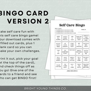 Pu&ograve; includere: Una scheda di bingo di auto-cura stampabile con un elenco di attivit&agrave; da svolgere, come "Scrivere su un diario", "Avere una giornata senza telefono", "Iscriversi a un club", "Fare arte o artigianato", "Ascoltare la tua band preferita", "Uscire con un amico", "Sedere al sole", "Iniziare un nuovo libro", "Ricevere un massaggio", "Guardare un nuovo film", "Fare un pisolino", "Fare qualcosa di spaventoso", "Scrivere uno", "Fare un elenco di gratitudine", "Guardare l'alba", "Fare una ricerca di parole", "Bere una tazza di t&egrave;", "Creare una playlist felice", "Provare un nuovo hobby", "Fare una lunga passeggiata", "Colorare un'immagine", "Andare a letto presto", "Giocare a un gioco", "Scattare una foto divertente" e "Praticare la respirazione consapevole".