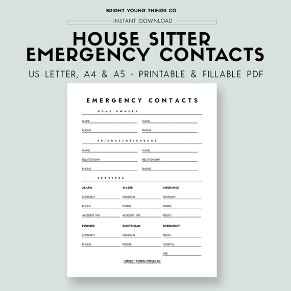 Emergency Contact Form Printable Emergency Contact Info - Etsy