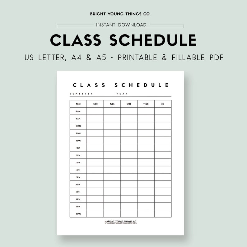 Puede incluir: Una plantilla de horario de clases imprimible en blanco y negro con el texto "CLASS SCHEDULE" en la parte superior. La plantilla incluye columnas para semestre, a&ntilde;o, hora, lunes, martes, mi&eacute;rcoles, jueves y viernes.