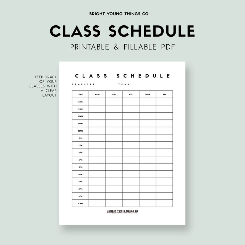 Puede incluir: Una plantilla de horario de clases imprimible en blanco y negro con el texto "Class Schedule" en la parte superior y "Keep track of your classes with a clear layout" a la izquierda. El horario est&aacute; dividido en columnas para semestre, a&ntilde;o, hora, lunes, martes, mi&eacute;rcoles, jueves y viernes.