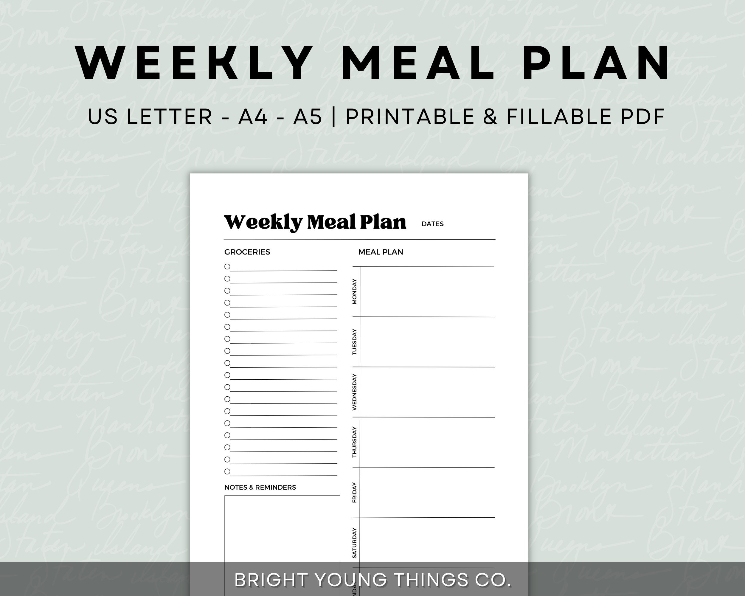 Printable Weekly Meal Plan With Grocery List Simple Meal - Etsy